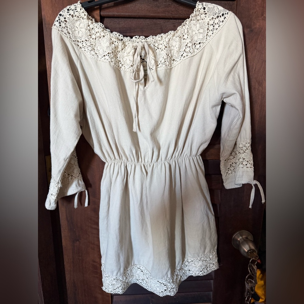 Cream Crochet-Trim Peasant Tunic Dress